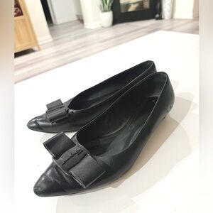Ferragamo Viva Bow Ballet Leather Pointed toe Pumps Shoes Black 7.5 Women
